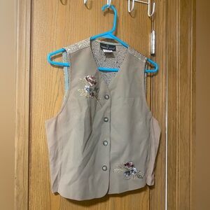 Vintage Carole Little Tan Vest Floral Embroidered Sequin Buttons Brocade Back 14